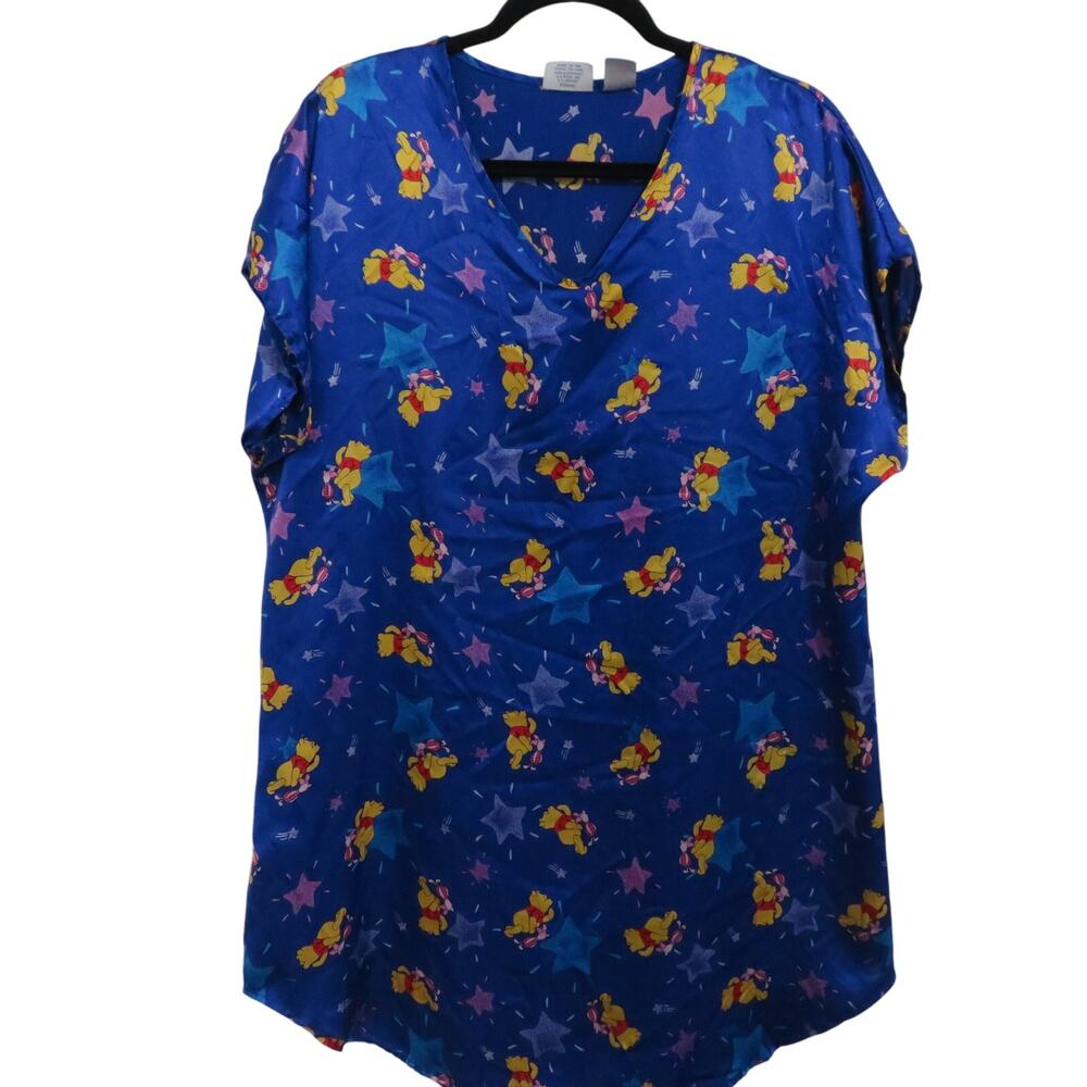 Disney Pooh Women Sz S Vintage Winnie the Pooh Satin Blue Midi Nightshirt Cozy
